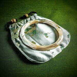 Natural Chinese Carved Jade Bangle with Silk Pouch